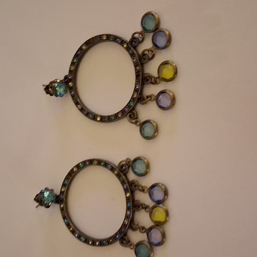 Avon Colored Rhinestones On Bronze Drop Hoop Earrings